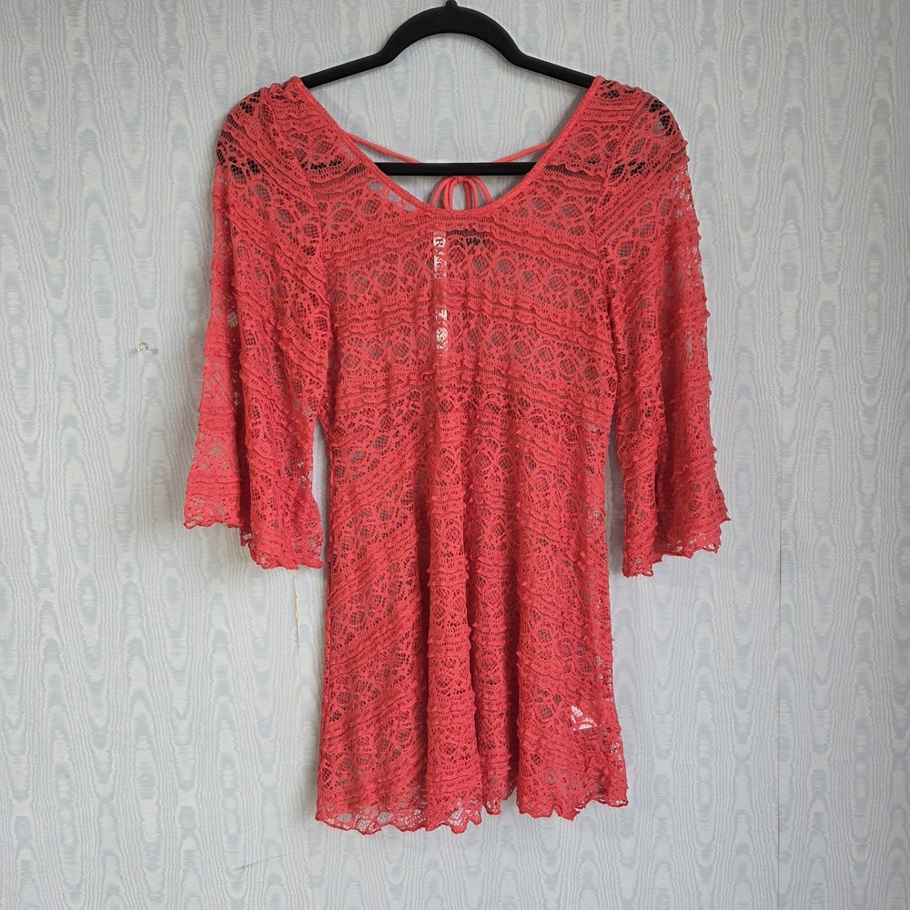 Rancho Estancia Women's XL Top‎ Bell Sleeve Sheer Lace Coral Boho Y2K Delicate
